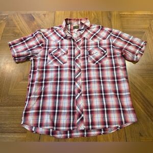 Rustler By Wrangler Red Plaid Pearl Snap Short Sleeve Sz XL Western Front Pocket